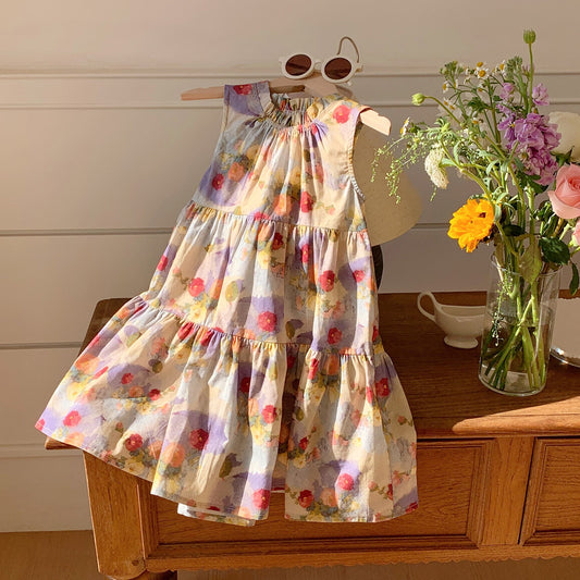 Summer Baby Kids Girls Sleeveless Oil-Painting Flowers Pattern Dress
