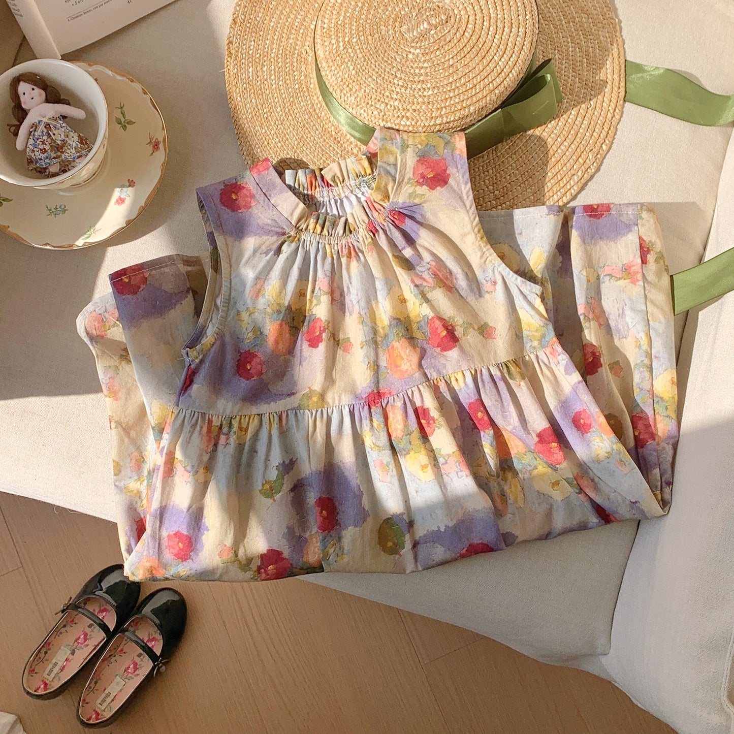 Summer Baby Kids Girls Sleeveless Oil-Painting Flowers Pattern Dress