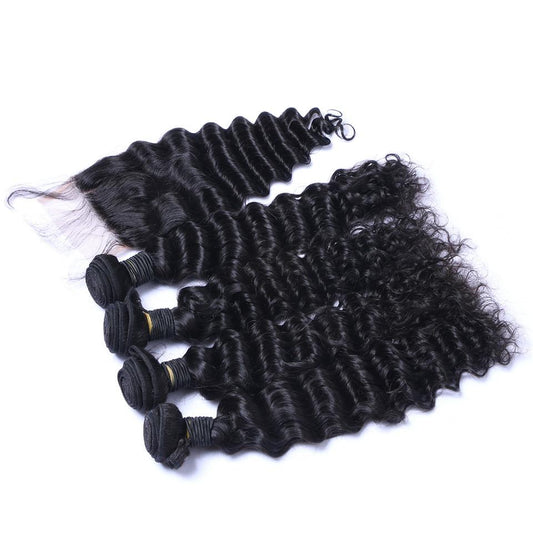 Brazilian Deep Wave Curly Hair 3 Bundles with Closure Free Middle 3