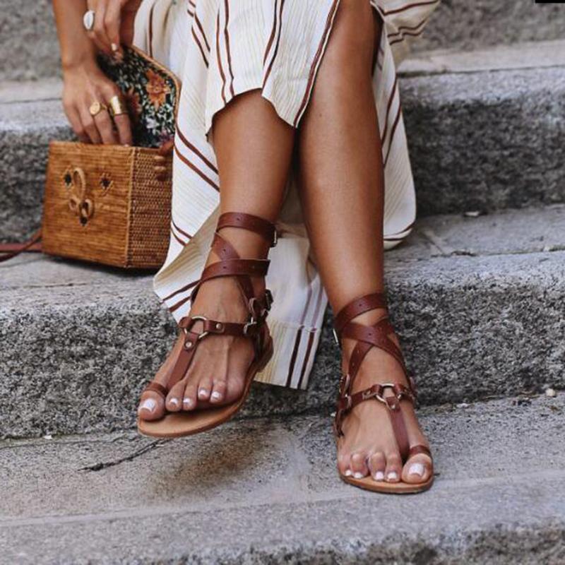 2020 New Summer Open Toe Flat Sexy Sandals Women Cross Strappy Ankle