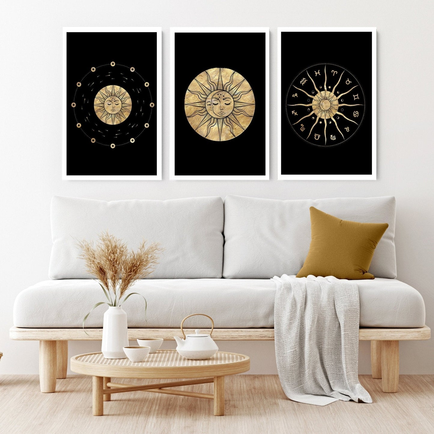 Sun and moon drawing | set of 3 framed wall art