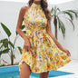 New Flowers Print Halterneck Dress Summer Fashion Temperament Lace-up