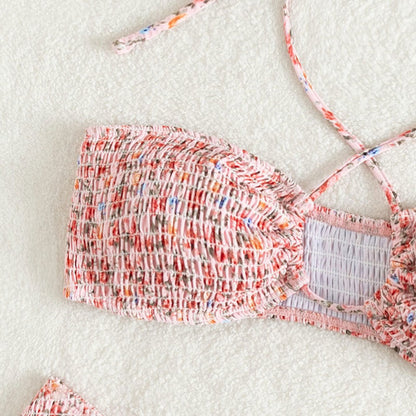 Summer Flowers Print Pleated Design Bikini Set Beach Fashion Halter