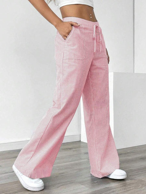 New Striped Trousers With Pockets Casual Versatile Loose Wide Leg