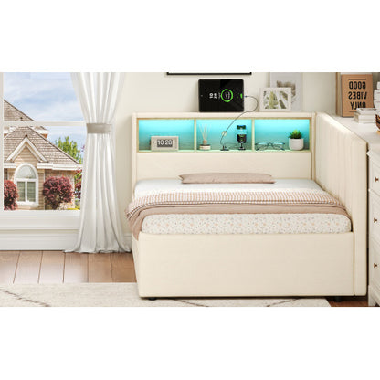 3ft Single Daybed With Two Storage Drawers, LED Modern Bed Frame With Charging Station