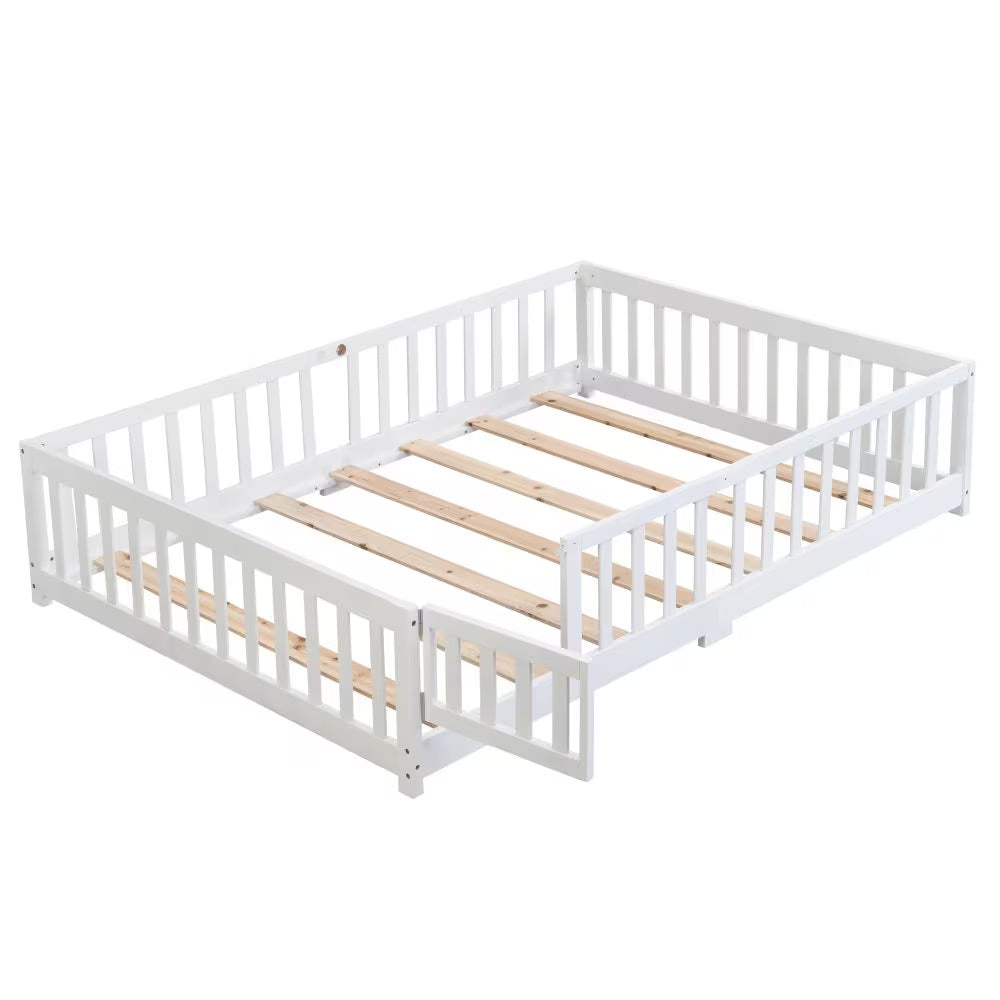 Twin Size Floor Bed With Door,Solid Wood Platform Bed Frame With