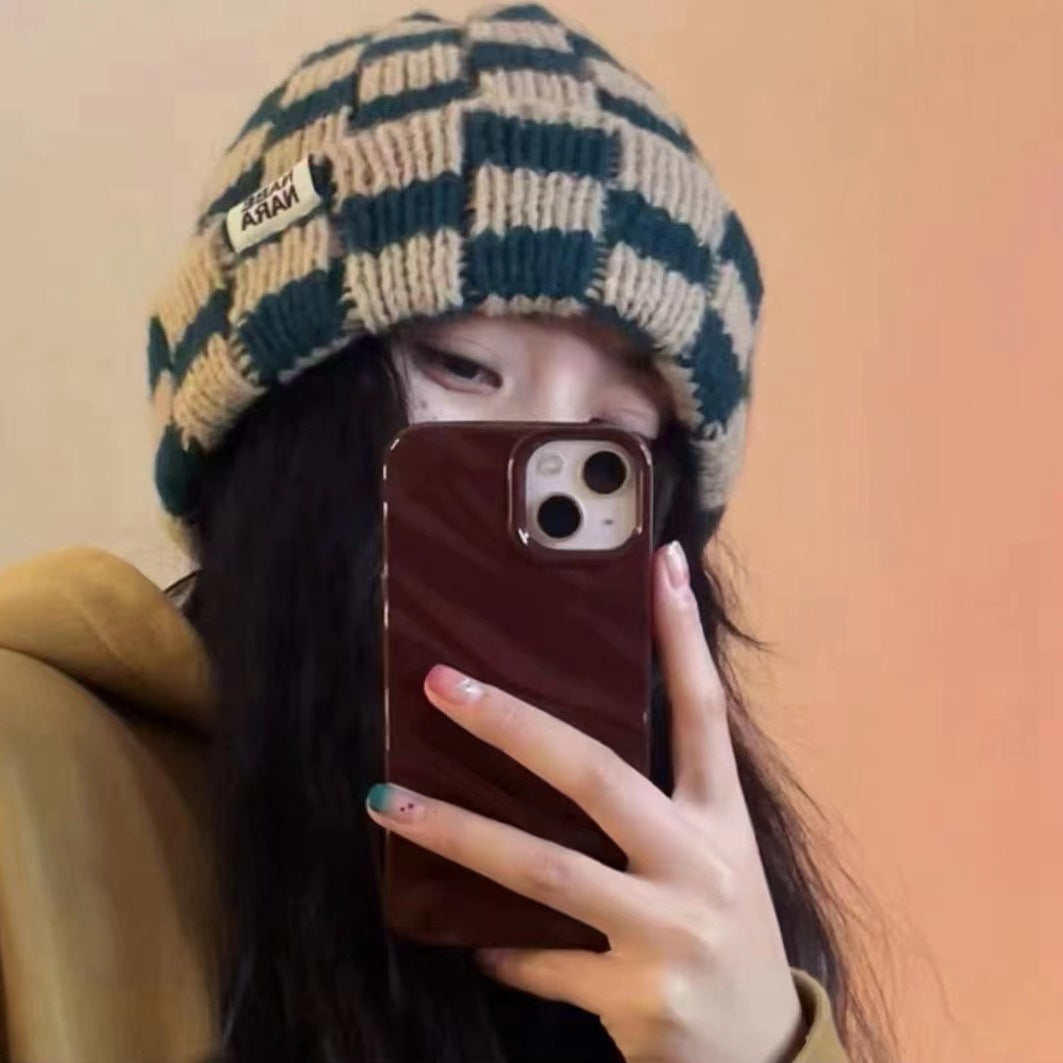 Chessboard Plaid Knitted Hat Women's