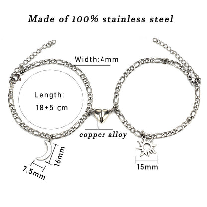 2Pcs Sun Moon Charm Magnet Attraction Stainless Steel Bracelets For