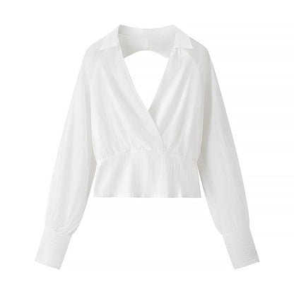 Vintage Collared Edge Deep V Plunge neck Long Sleeve Waist Short Shirt