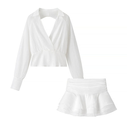 Vintage Collared Edge Deep V Plunge neck Long Sleeve Waist Short Shirt