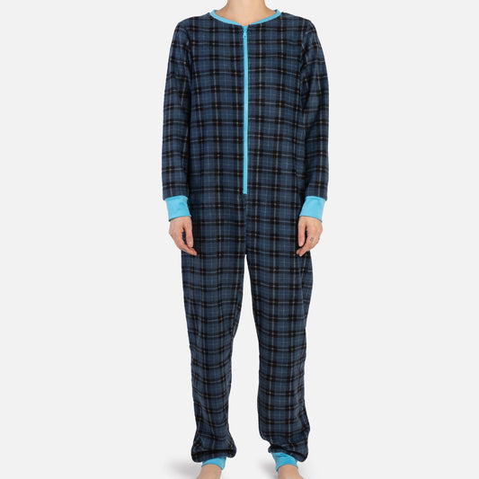 🔵  Blue Plaid Human Onesie – Cozy Zip-Up Pajamas
