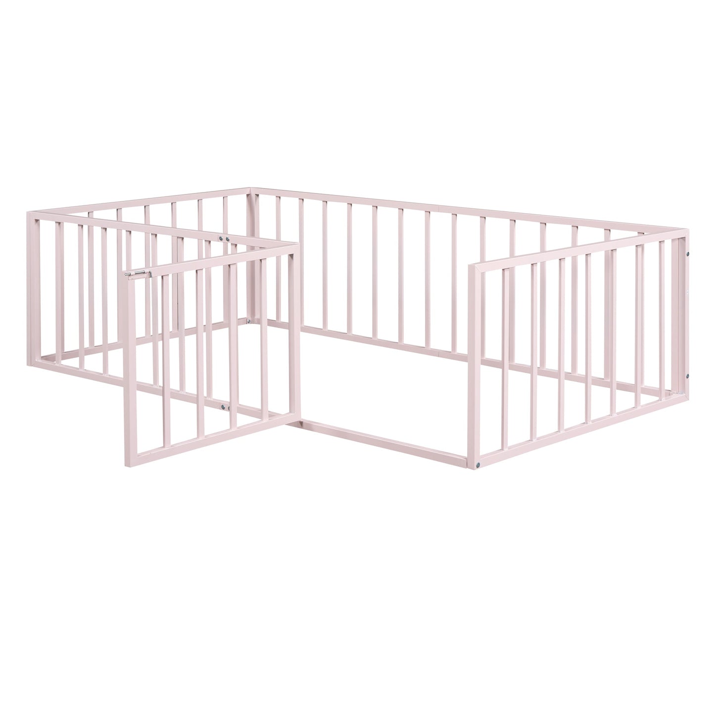 Twin Size Metal Floor Bed Frame with Fence and Door, Pink