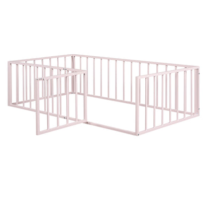 Twin Size Metal Floor Bed Frame with Fence and Door, Pink