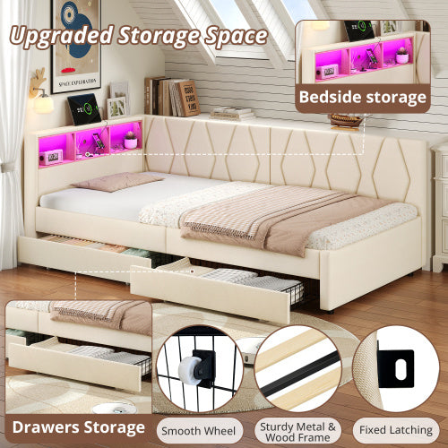 3ft Single Daybed With Two Storage Drawers, LED Modern Bed Frame With Charging Station