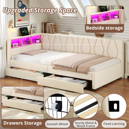 3ft Single Daybed With Two Storage Drawers, LED Modern Bed Frame With Charging Station