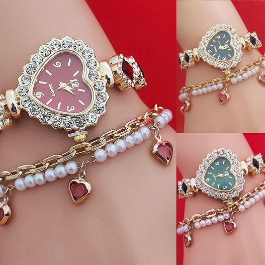 Fashion Love Shape Bracelet Watch Set Diamond Colored Heart Quartz