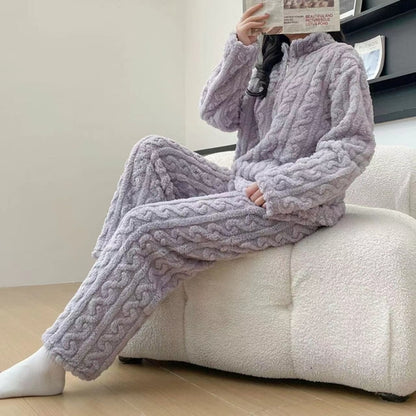 Autumn And Winter New Twist Zipper Couple Fleece-lined Thick Coral