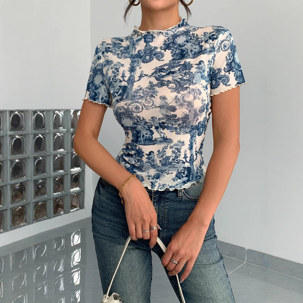 Elegant Mesh Floral Print Top For Women