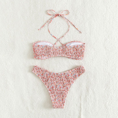 Summer Flowers Print Pleated Design Bikini Set Beach Fashion Halter