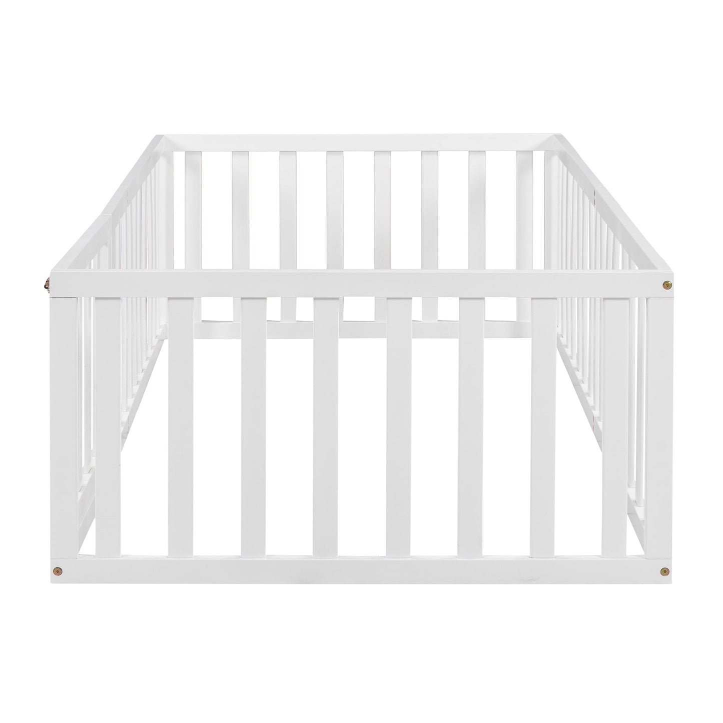 Twin Size Wood Floor Bed Frame with Fence and Door, White(OLD SKU