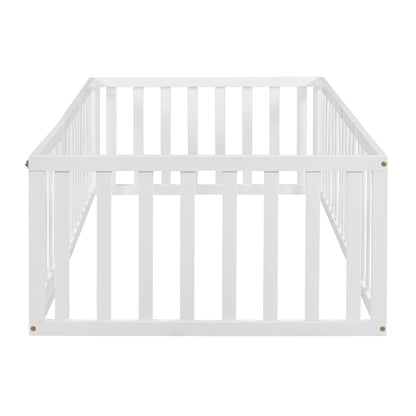Twin Size Wood Floor Bed Frame with Fence and Door, White(OLD SKU