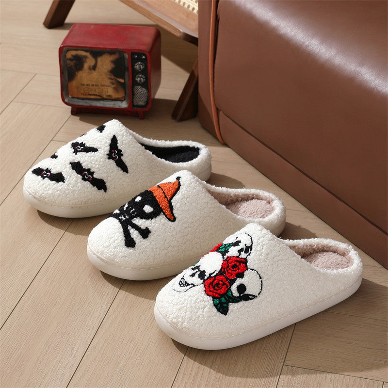 Halloween Skull Rose Slippers Winter Warm Indoor Floor Bedroom Home