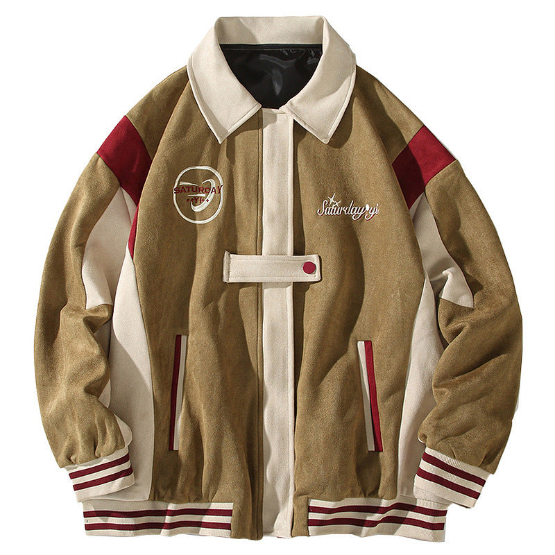 American Retro Color Block Embroidery Turn-down Collar Coat
