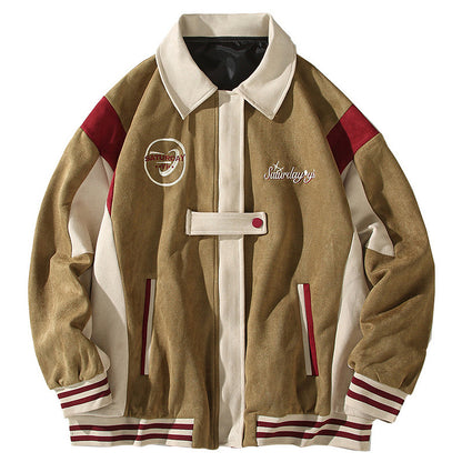 American Retro Color Block Embroidery Turn-down Collar Coat