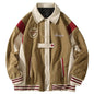 American Retro Color Block Embroidery Turn-down Collar Coat