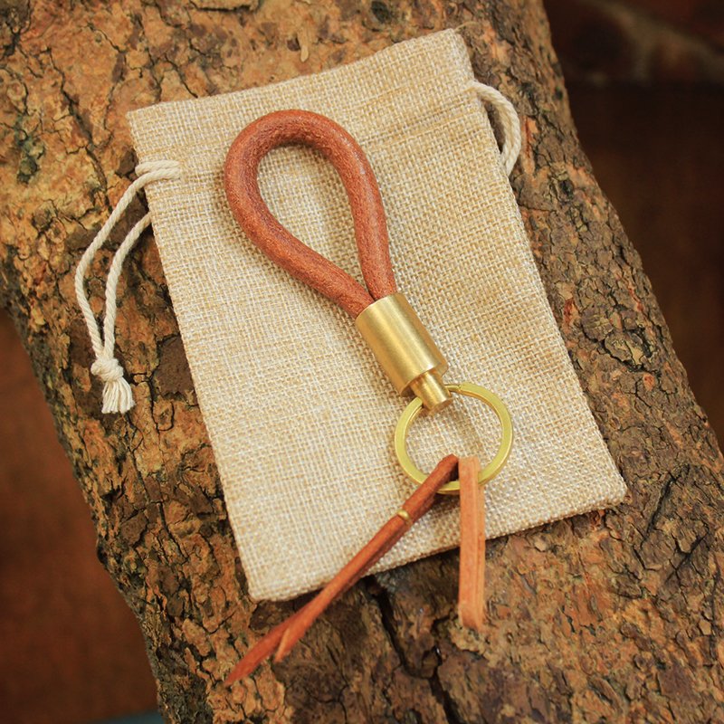 Round Leather Brass Keychain