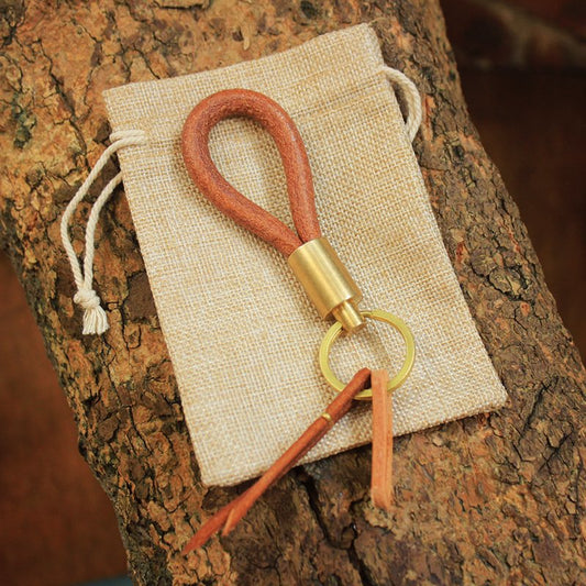 Round Leather Brass Keychain