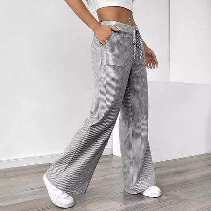 New Striped Trousers With Pockets Casual Versatile Loose Wide Leg