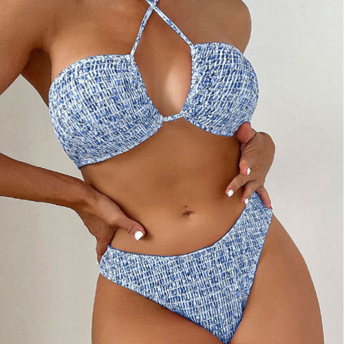 Summer Flowers Print Pleated Design Bikini Set Beach Fashion Halter