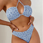 Summer Flowers Print Pleated Design Bikini Set Beach Fashion Halter