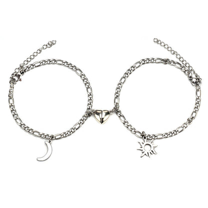 2Pcs Sun Moon Charm Magnet Attraction Stainless Steel Bracelets For