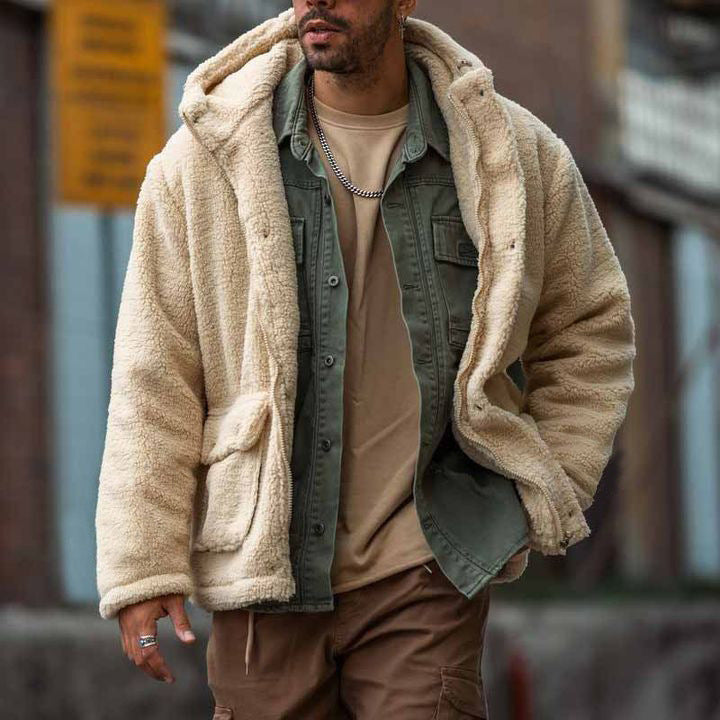 Men's Hooded Solid Color Coat Polar Fleece