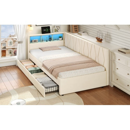 3ft Single Daybed With Two Storage Drawers, LED Modern Bed Frame With Charging Station