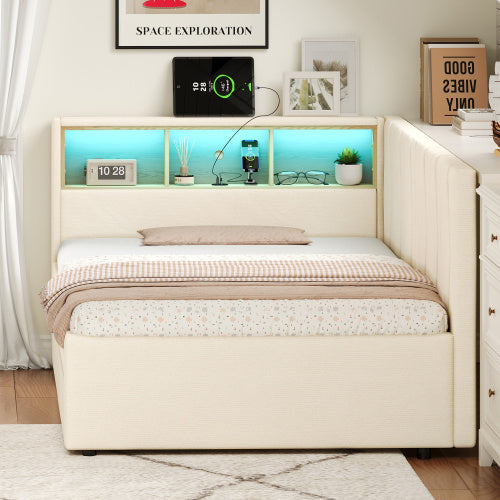 3ft Single Daybed With Two Storage Drawers, LED Modern Bed Frame With Charging Station