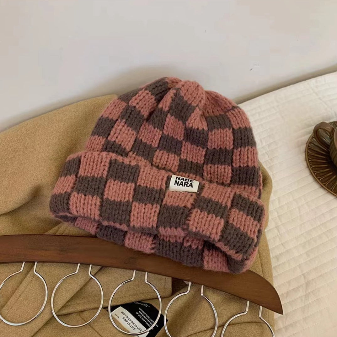 Chessboard Plaid Knitted Hat Women's