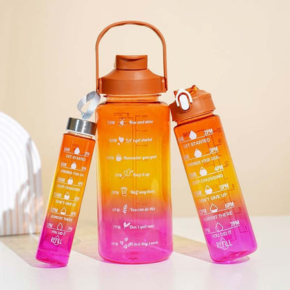 3-in-1 Gradient Color Motivational Water Bottles Set Plastic Straw