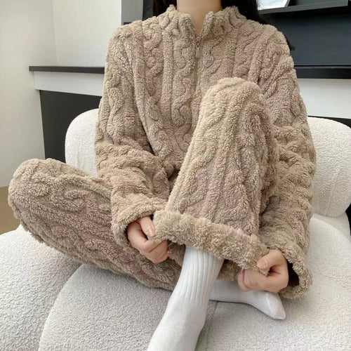 Autumn And Winter New Twist Zipper Couple Fleece-lined Thick Coral