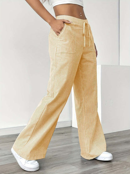 New Striped Trousers With Pockets Casual Versatile Loose Wide Leg
