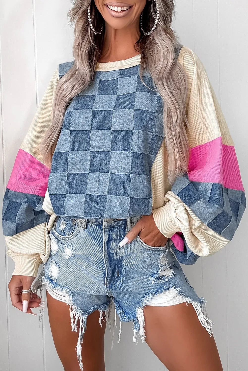Oversized Checkered Denim Casual Sweatshirt