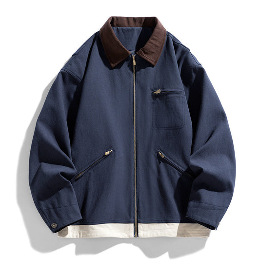American Retro Workwear Autumn Loose Contrast Color Lapels Couple Jacket