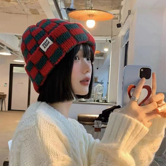 Chessboard Plaid Knitted Hat Women's