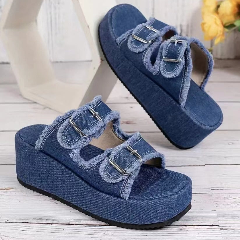 Fashion Denim Buckle Wedges Sandals Summer Outdoor High Heel Slippers