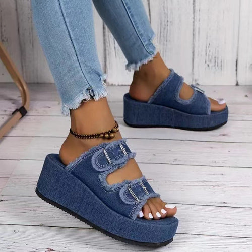 Fashion Denim Buckle Wedges Sandals Summer Outdoor High Heel Slippers