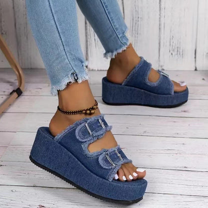 Fashion Denim Buckle Wedges Sandals Summer Outdoor High Heel Slippers