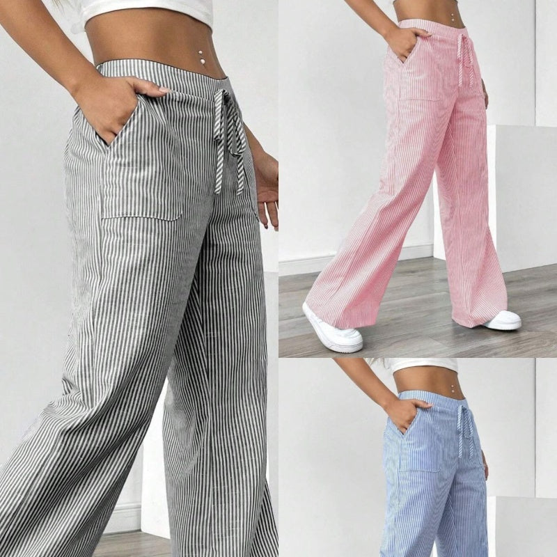New Striped Trousers With Pockets Casual Versatile Loose Wide Leg
