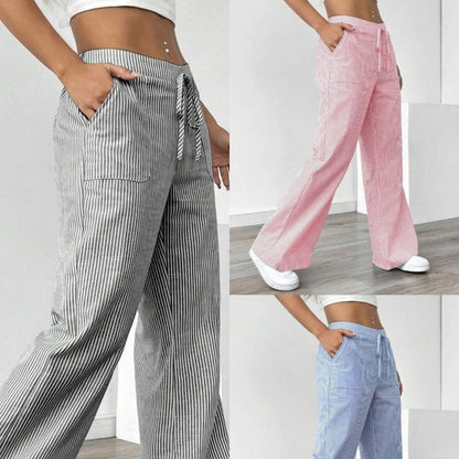 New Striped Trousers With Pockets Casual Versatile Loose Wide Leg